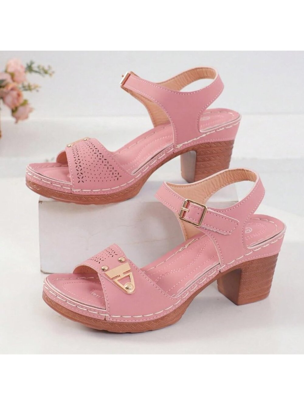 Women's Pink Dressy Low Block Chunky Heels Ankle Strap Comfortable Open Toe - Picture 7 of 7